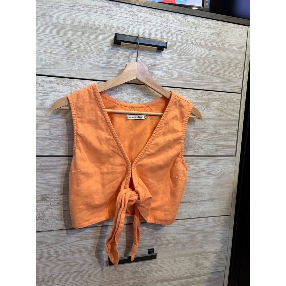 Abercrombie & Fitch Orange Linen Blend Tie Front Crop Top Vest Womens Small - Picture 5 of 7